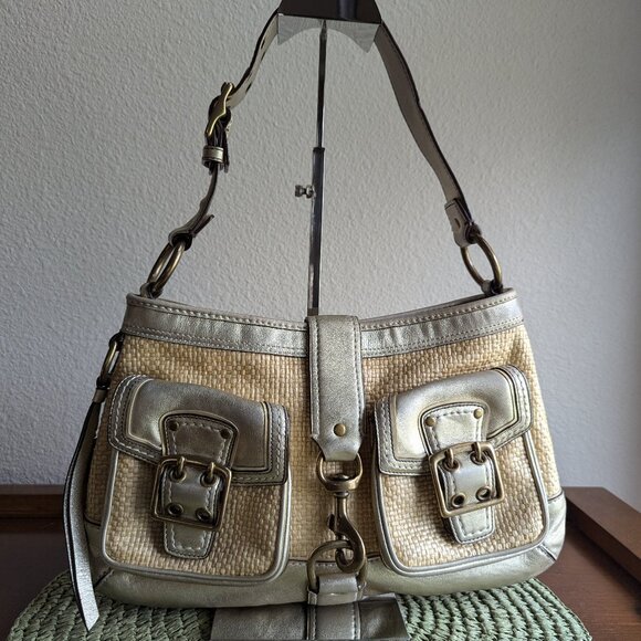 Coach L05K - 105 Legacy Straw Bag Y2K Gold Leather Shoulder Hobo - Picture 1 of 10